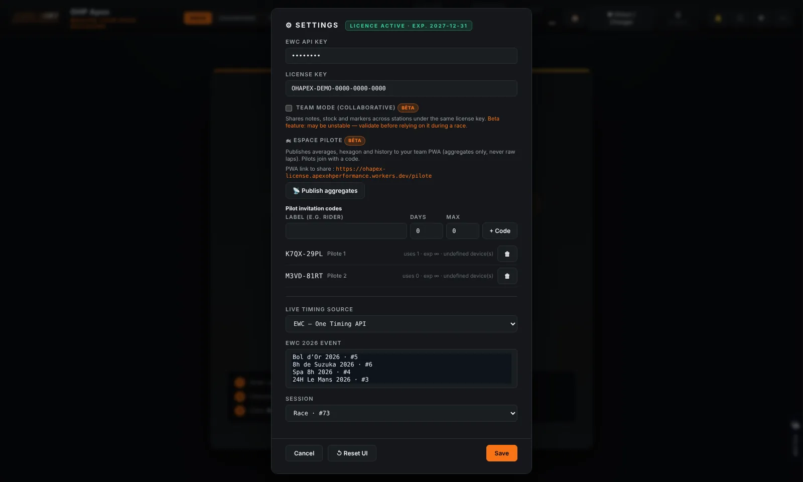 The Settings panel with the Event dropdown open showing the available rounds (Spa, Suzuka, Le Mans…)
