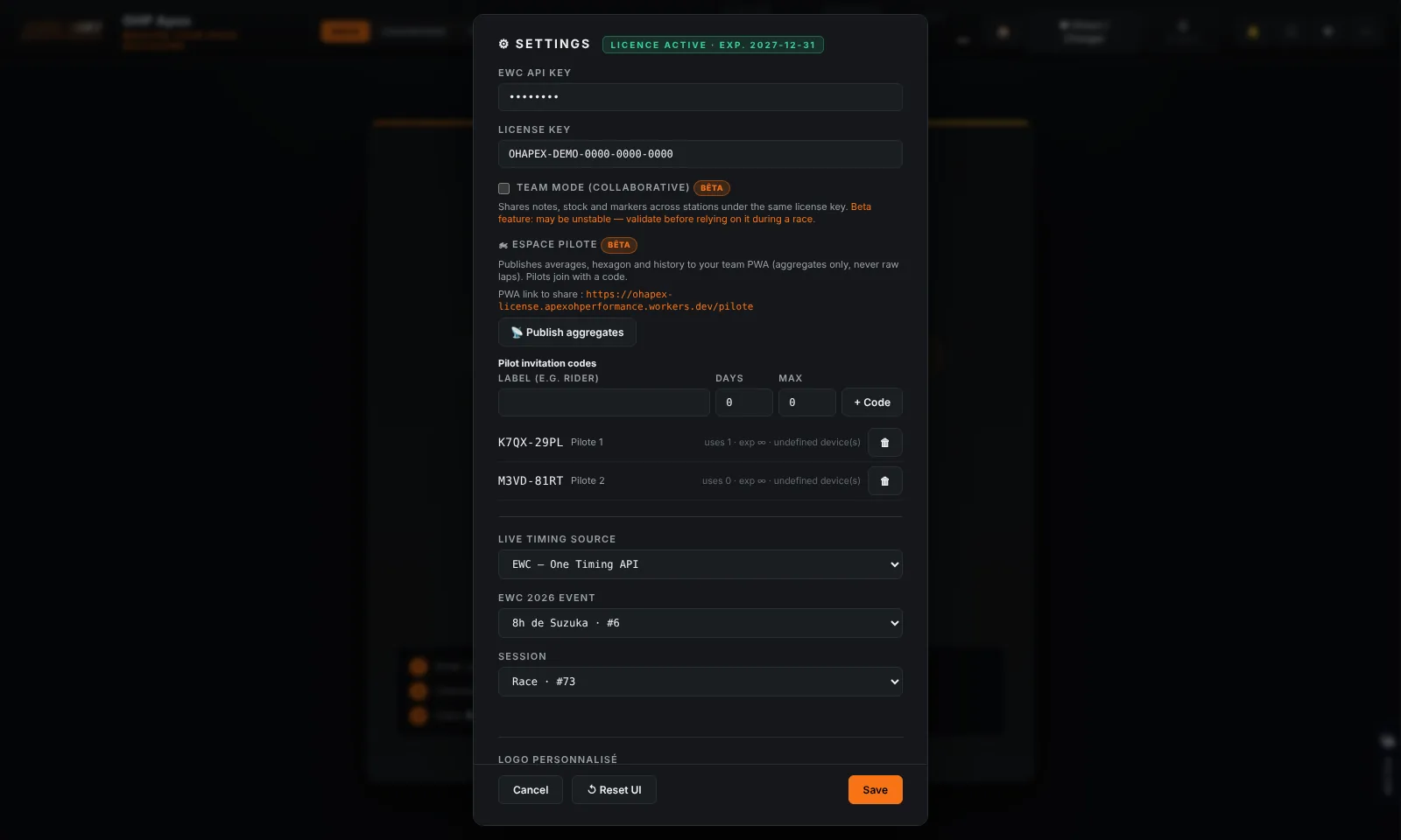 The Settings panel with the API connection section visible: URL field, API key field, Save button