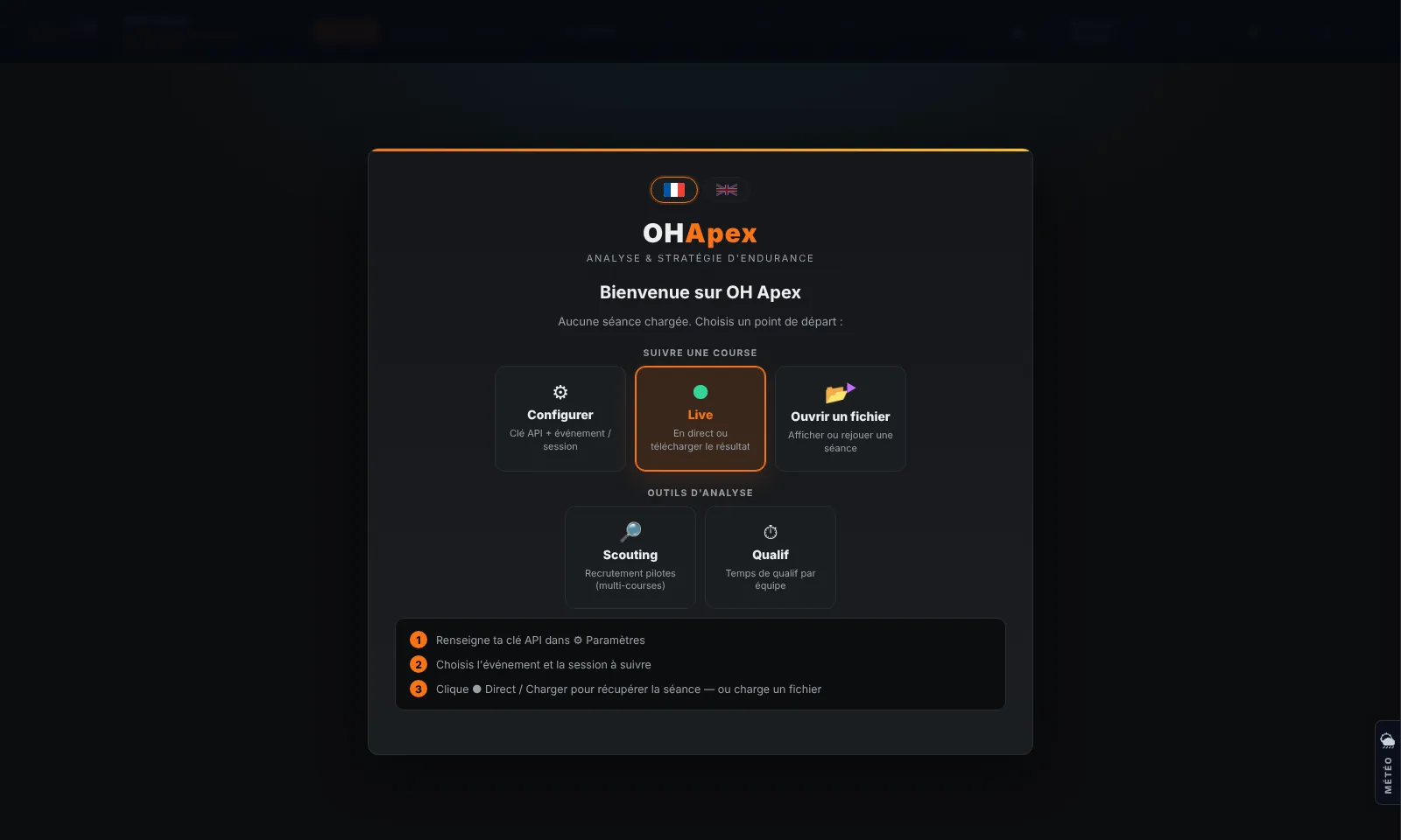 La fenêtre de verrouillage au premier lancement : fond sombre, logo OHP Apex en orange, message « Licence requise » et bouton « Ouvrir les Paramètres »